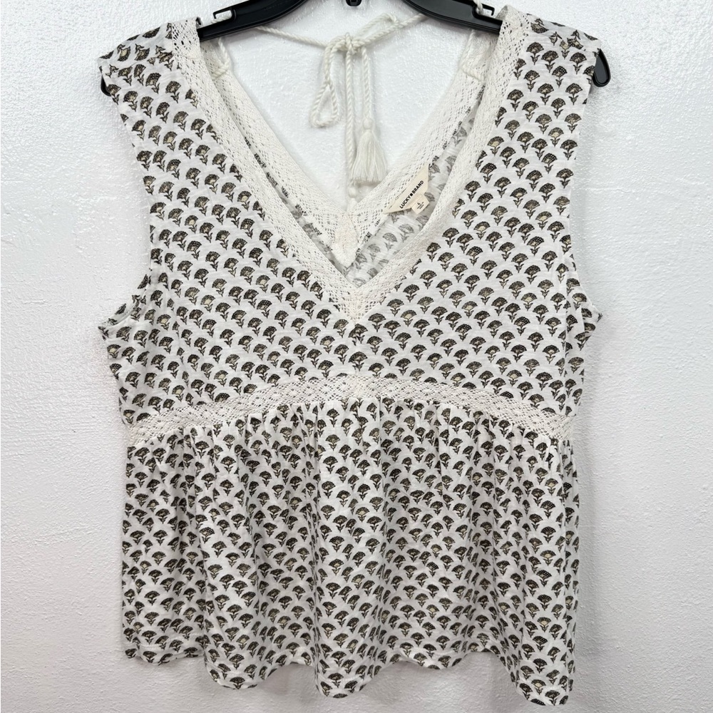 Lucky Brand Blouse Size L White Floral Crochet Trim Patterned Boho Babydoll Top